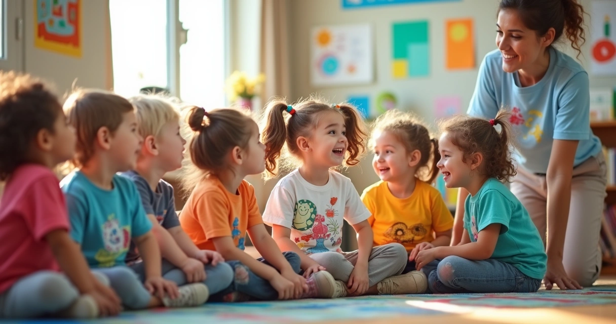 Crianças de diferentes idades usando camisetas personalizadas coloridas em uma sala de aula.