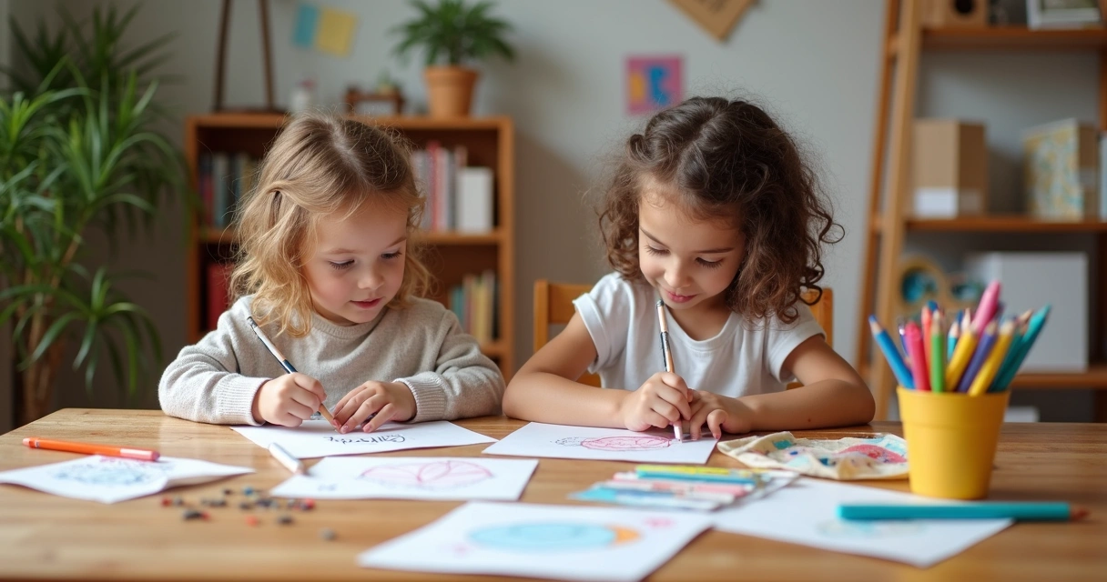 Crianças fazendo desenhos e cartões coloridos em uma mesa 