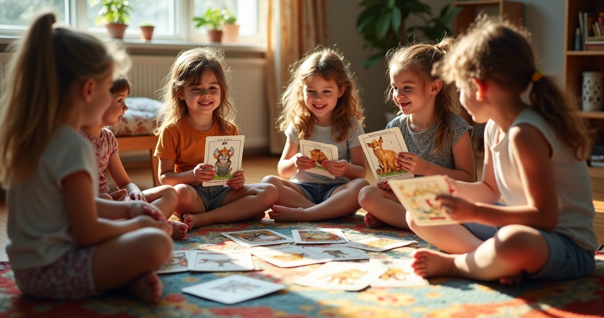 Crianças sentadas em roda jogando cartas de tarot infantis 