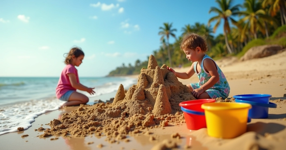 Crianças construindo castelo de areia na praia