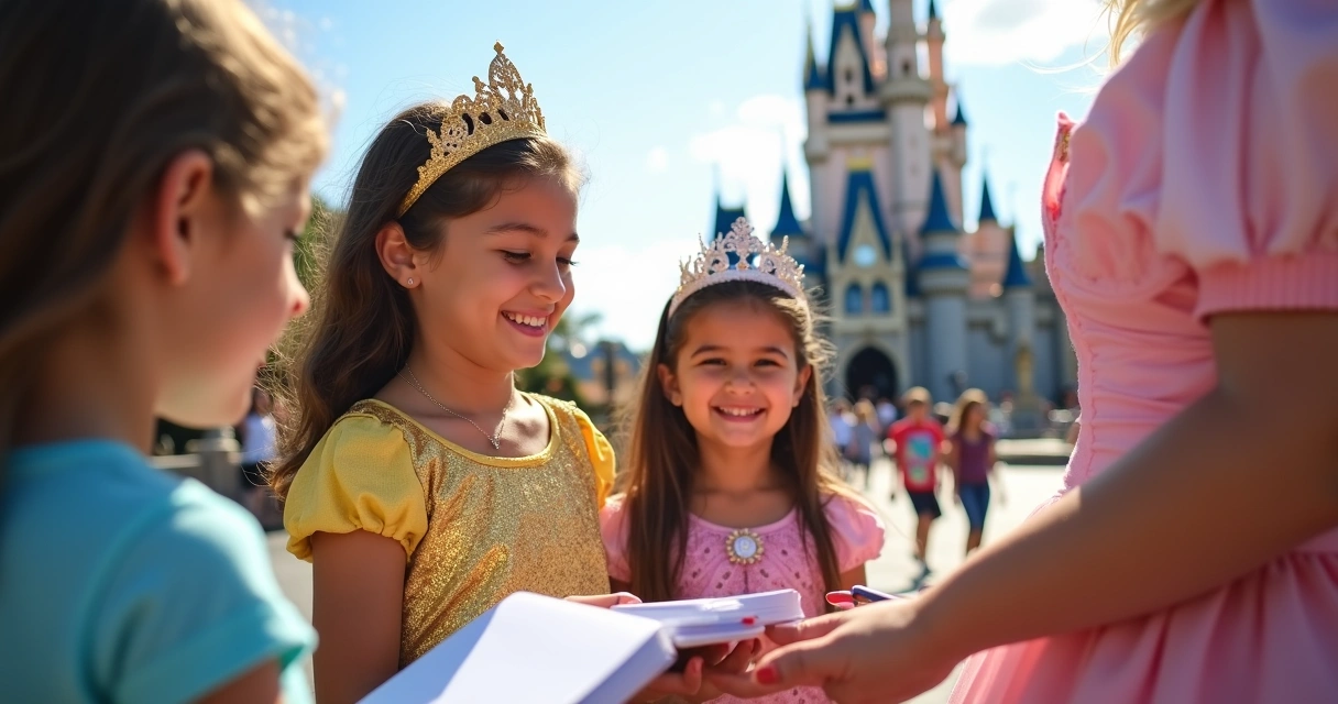 Crianças recebendo autógrafo de personagem em frente ao castelo da Disney