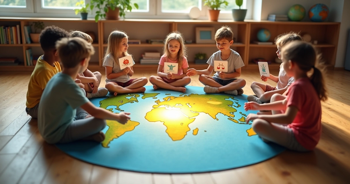 Grupo de crianças em círculo ao redor de um mapa-múndi desenhado no chão 