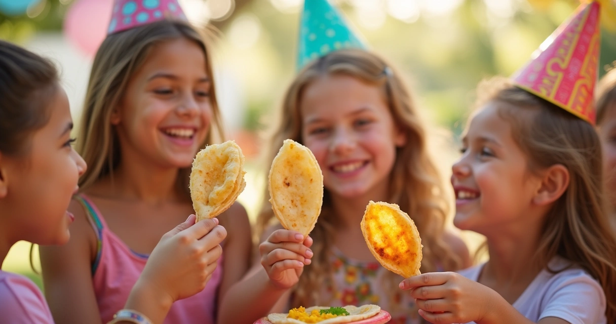 Crianças sorrindo comendo crepe suíço 