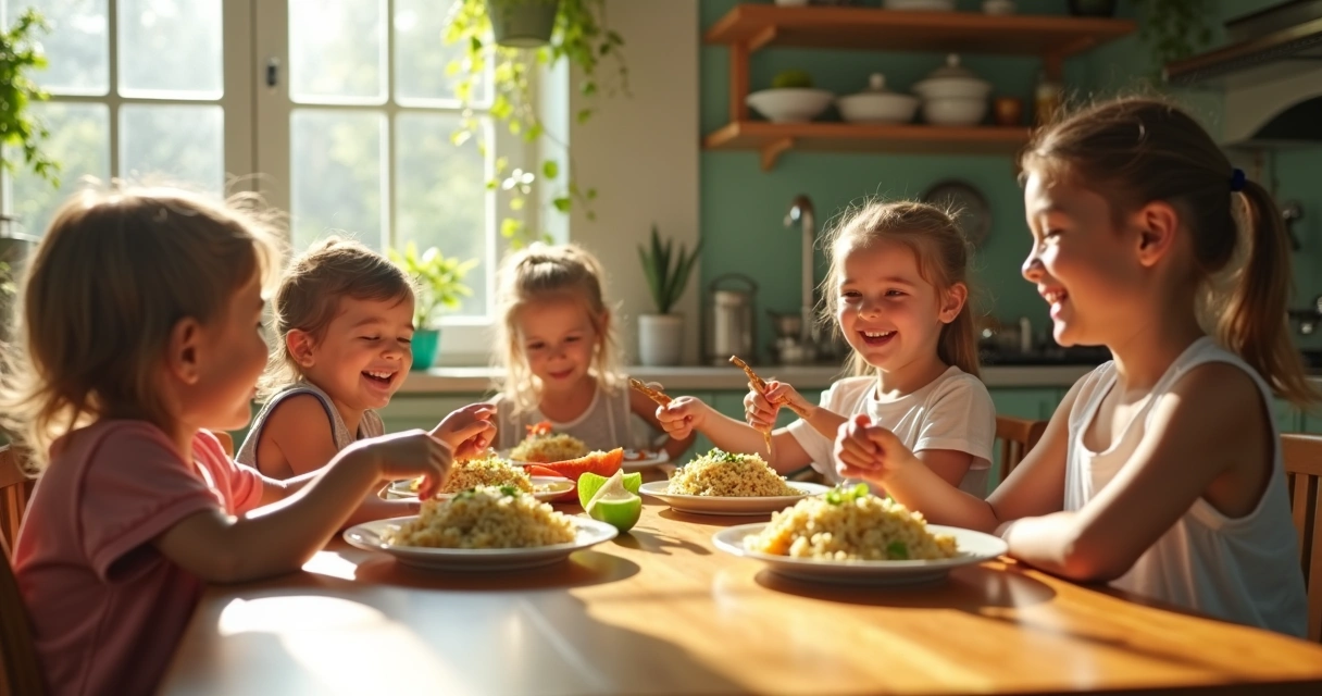 Crianças felizes comendo refeição com vegetais verdes em mesa de madeira