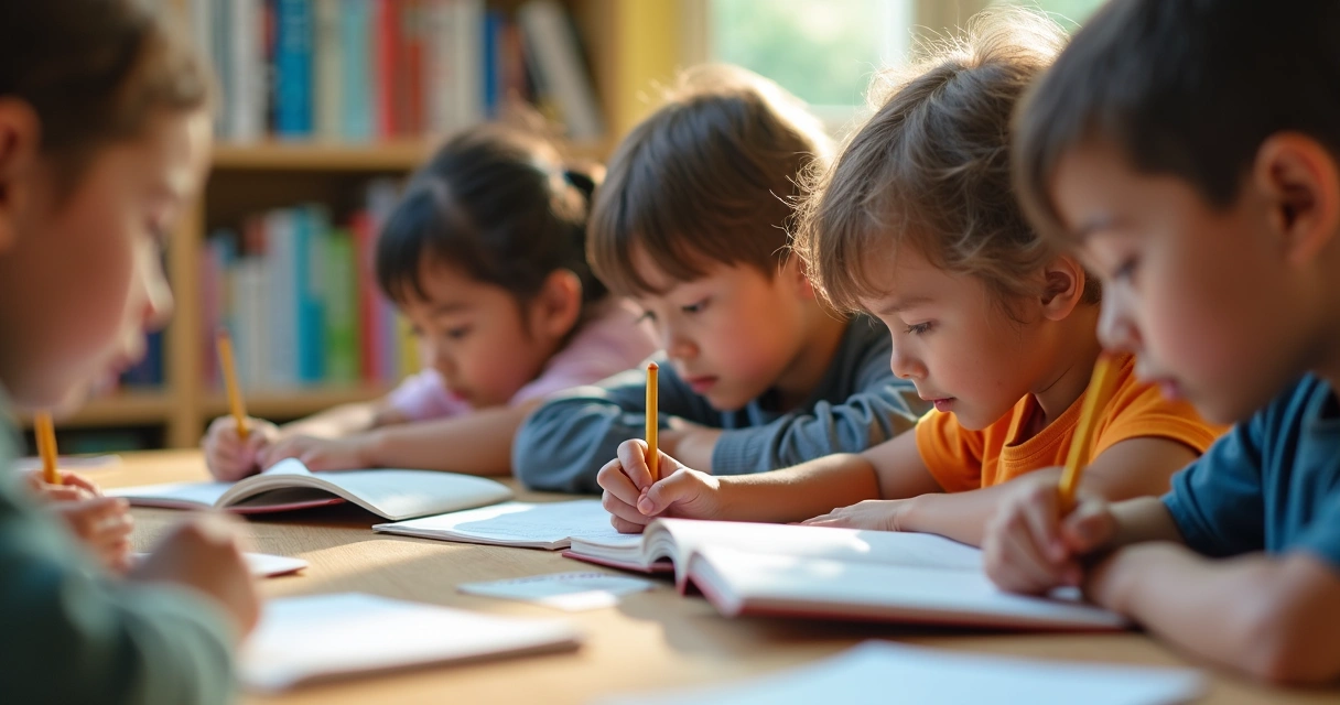 Grupo de crianças estudando ao redor de uma mesa, focadas em livros. 