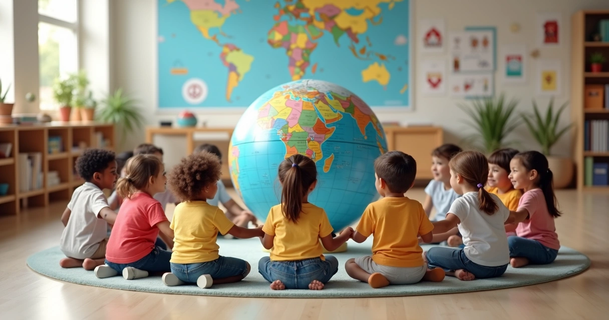 Crianças em roda de mãos dadas em sala de aula olhando para um globo terrestre no centro 
