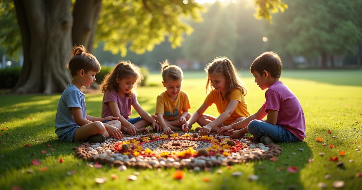 Crianças montando mandala com elementos da natureza em círculo 