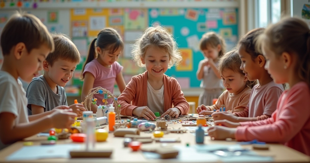 Grupo de crianças montando brinquedos com materiais recicláveis 