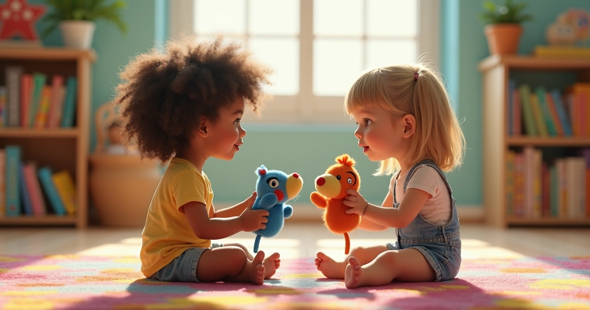 Duas crianças pequenas sentadas contando história com fantoches 