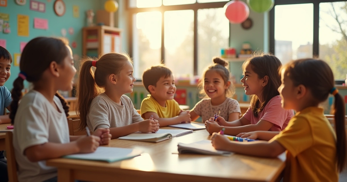 Crianças de diferentes idades interagindo em sala de aula 