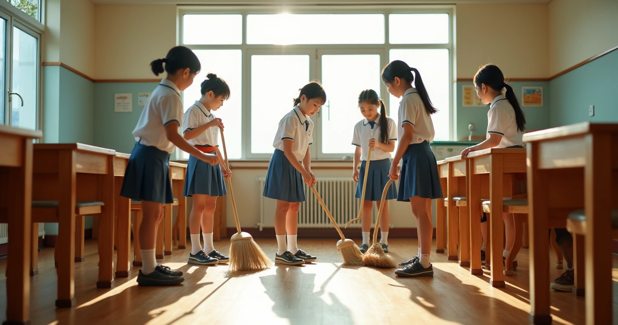 Crianças coreanas realizando tarefas em grupo em uma sala de aula, cooperando entre si. 