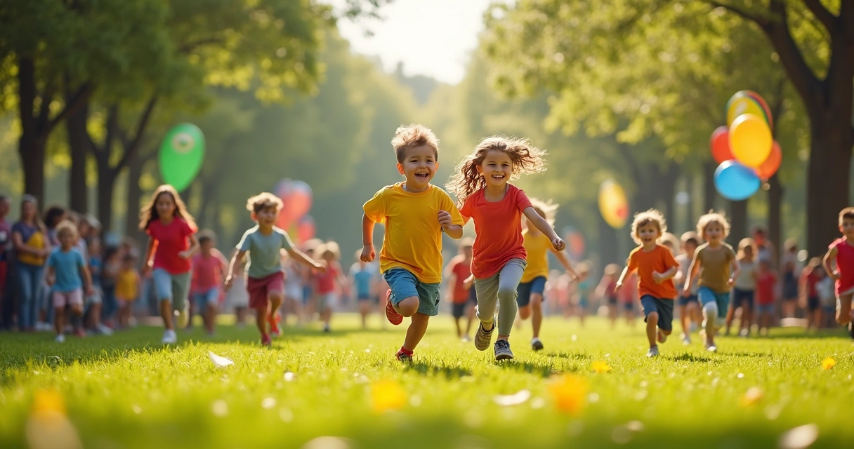 Crianças correndo felizes em parque durante evento esportivo 