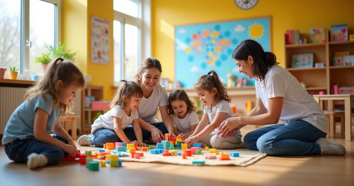 Crianças pequenas brincando em creche pública com educadoras em sala colorida e iluminada 