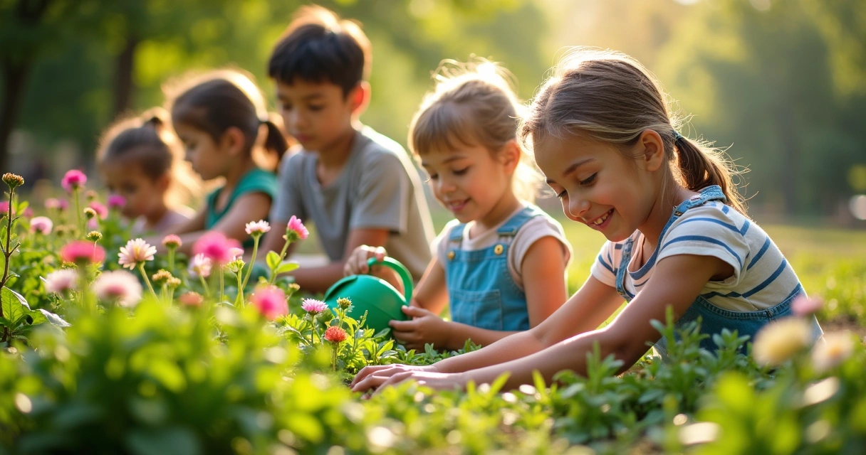 Crianças regando plantas e cuidando do jardim em uma tarde ensolarada de verão 