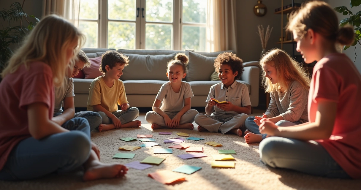 Crianças e adultos em debate divertido sentados no tapete 