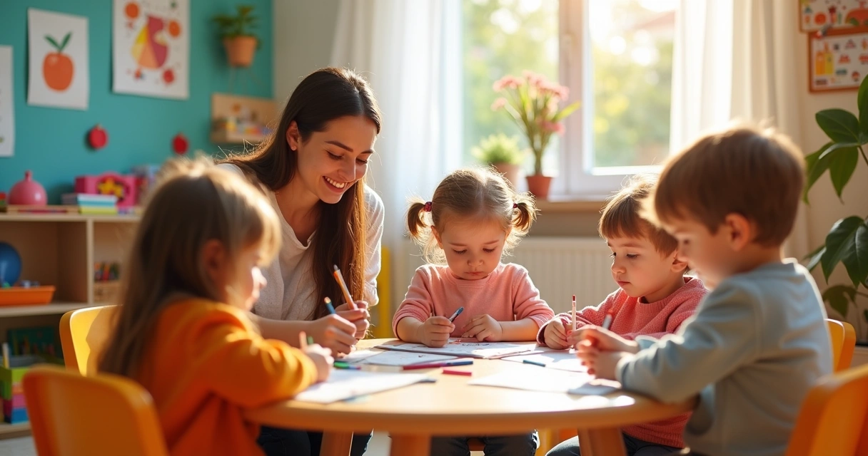 Crianças desenhando sentadas em uma mesa de creche 