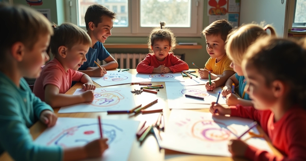 Crianças desenhando emoções em folhas sobre a mesa da escola 