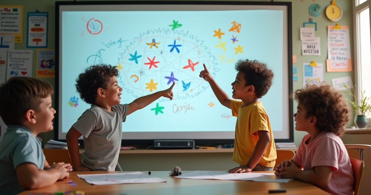 Crianças resolvendo problemas em lousa eletrônica