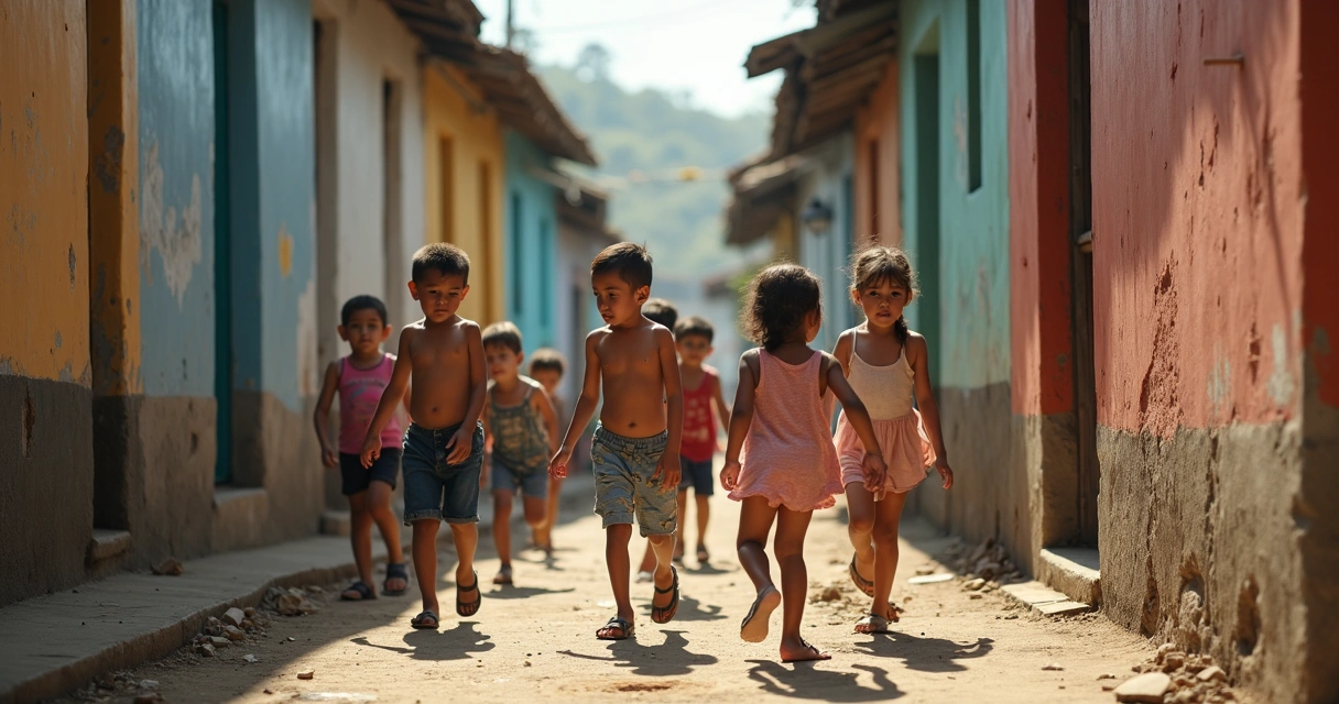 Crianças brincando em viela de favela, evidenciando condições de moradia 