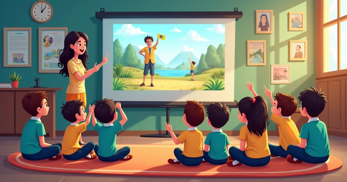 Crianças assistindo filme e apontando para quadros históricos do Brasil na tela 