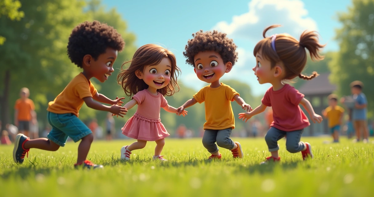 Crianças de diferentes culturas brincando juntas ao ar livre