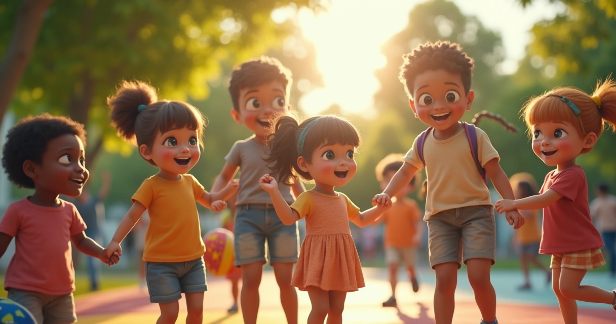 Crianças de diferentes origens brincando em parque 