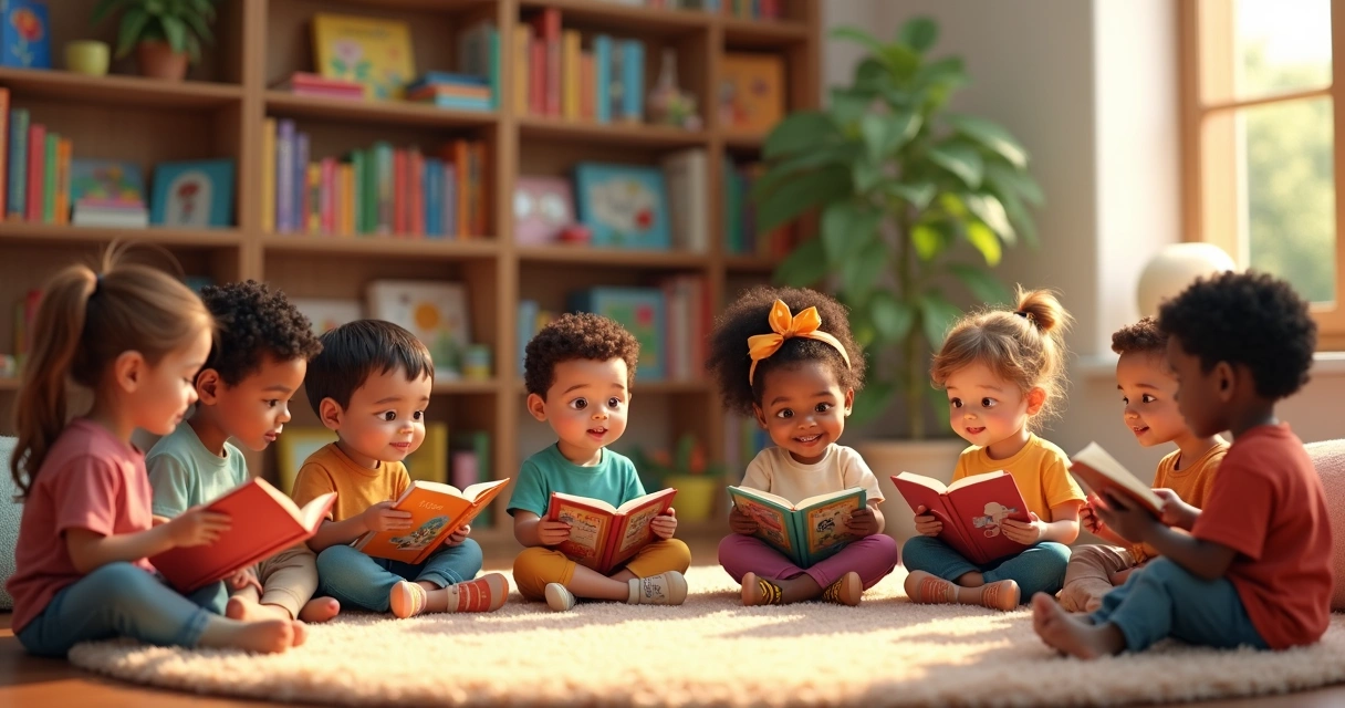 Crianças diversas sentadas em círculo lendo livros coloridos em um ambiente acolhedor e iluminado 