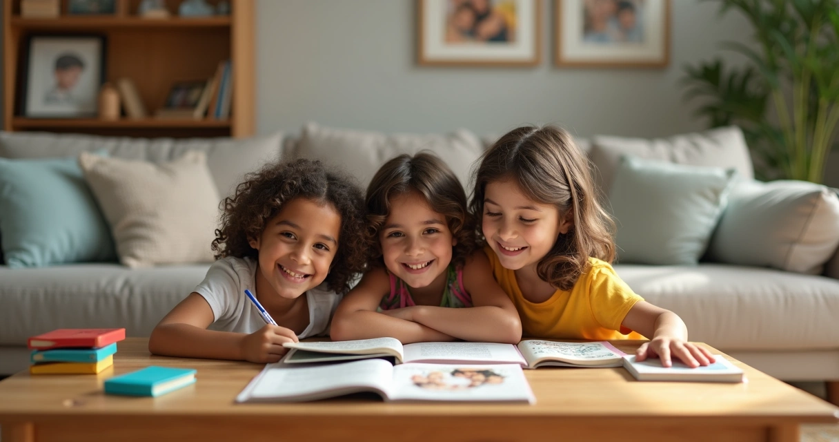 Duas crianças e um adolescente sentados juntos em sala, sorrindo, com brinquedos e livros sobre uma mesa baixa.
