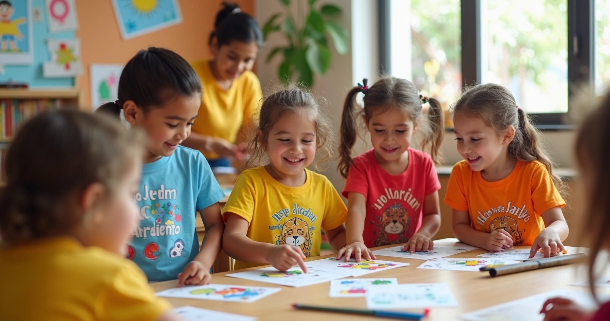 Crianças da educação infantil com camisetas personalizadas coloridas em sala de aula 