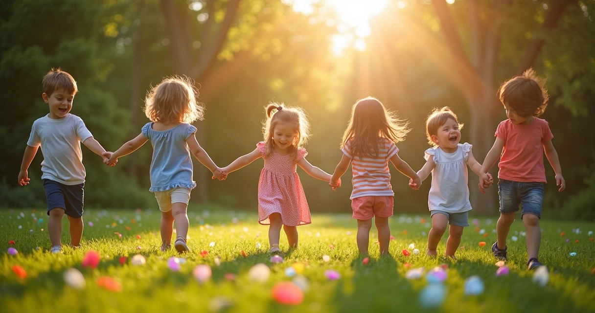 Crianças de mãos dadas formando círculo no jardim 