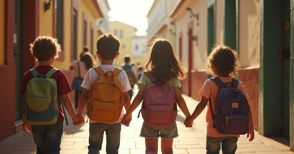 Crianças de mãos dadas entrando em escola pública espanhola 