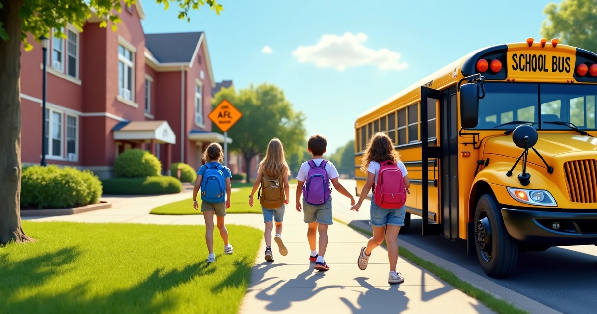 Crianças subindo em um ônibus escolar amarelo em frente à escola 