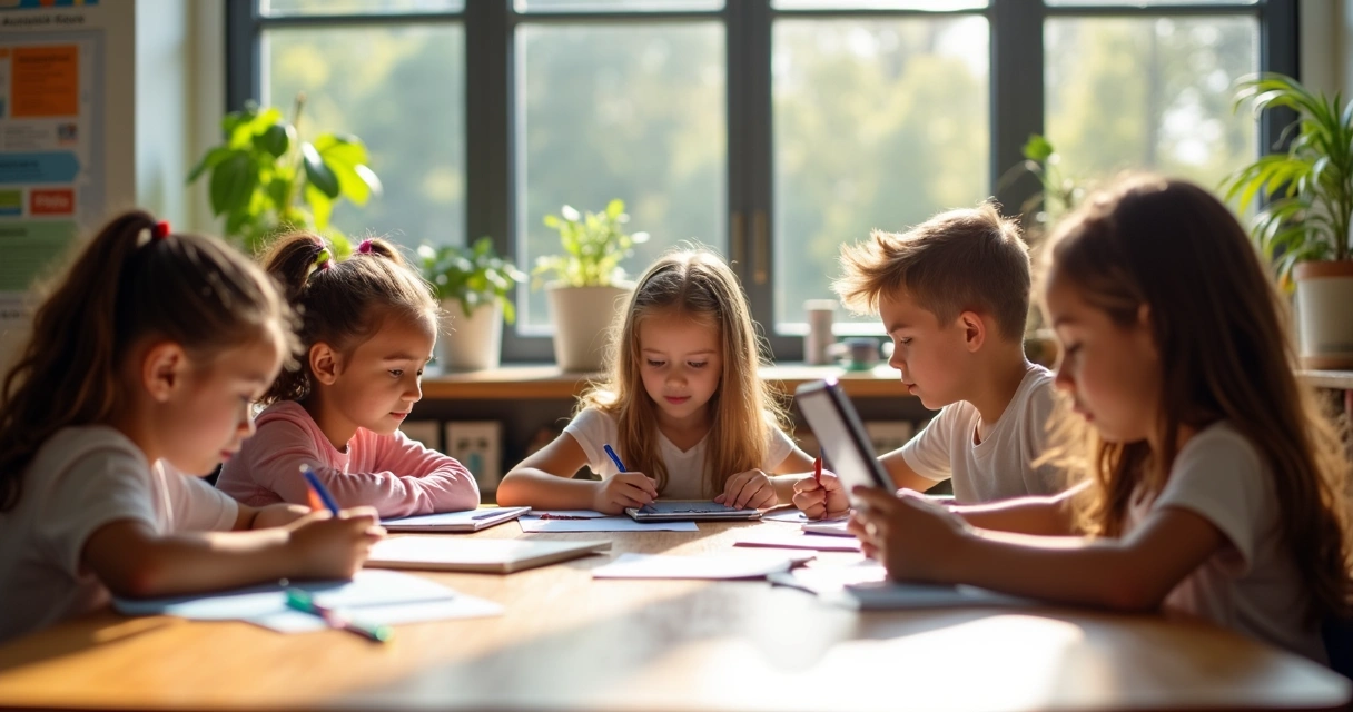 Grupo de crianças em escola interagindo em atividade escolar com tablet e cadernos 