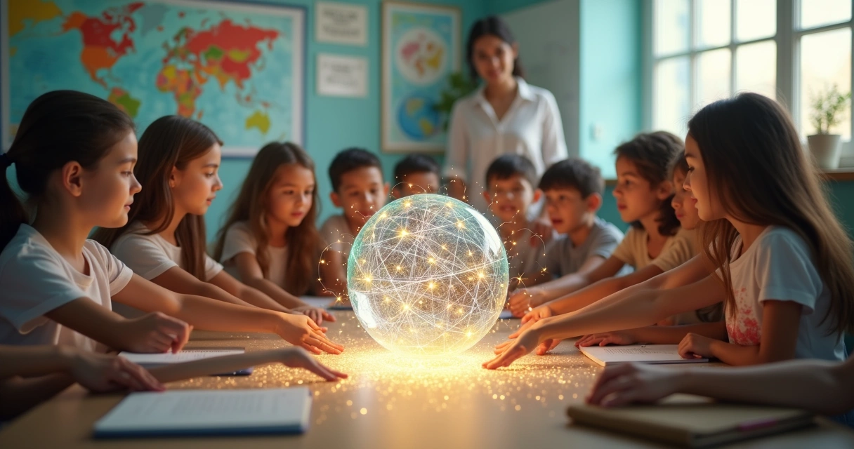 Crianças em sala de aula formando rede luminosa de conexão coletiva 
