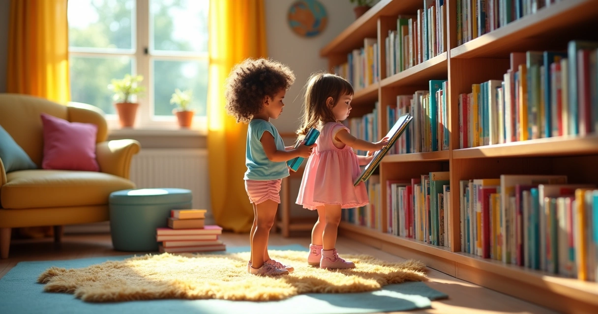 Crianças escolhendo livros interativos coloridos em uma estante na sala 