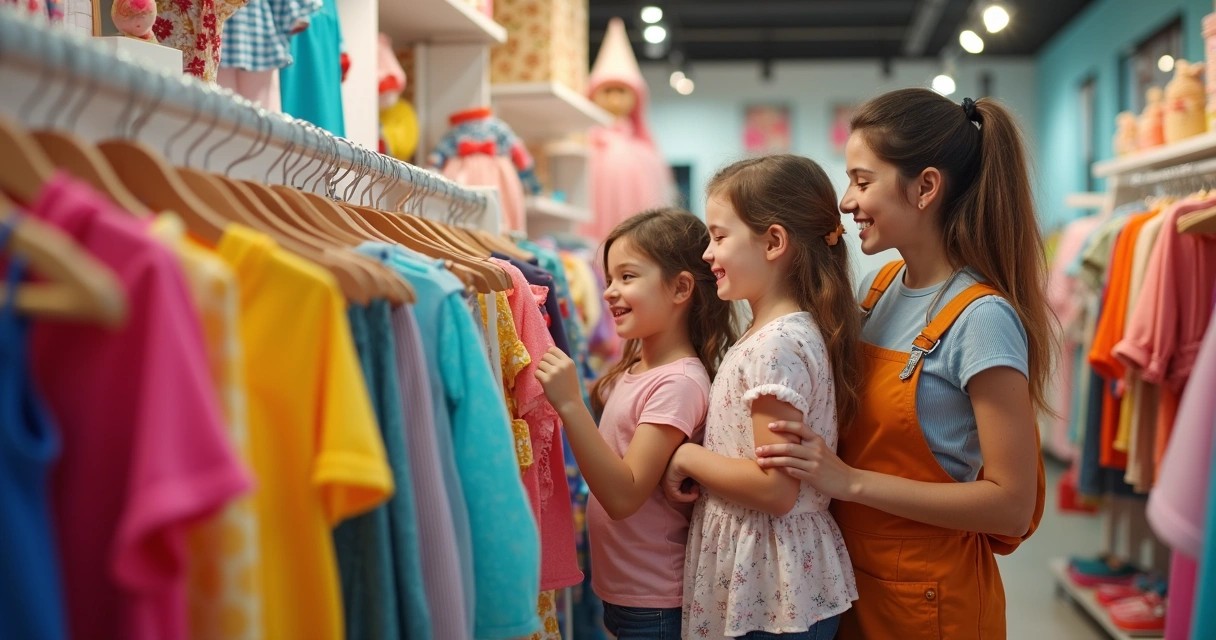 Crianças escolhendo roupas coloridas em uma loja de vestuário infantil 