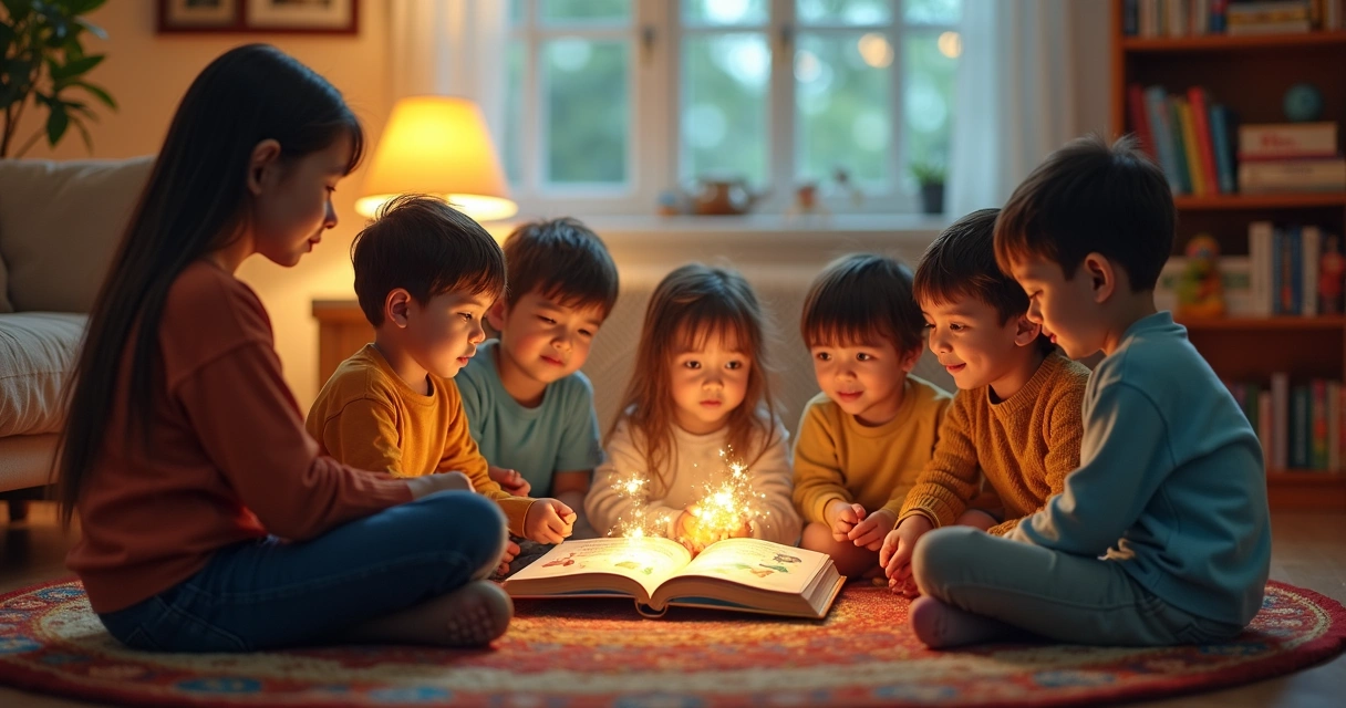 Crianças sentadas ouvindo história com expressão atenta