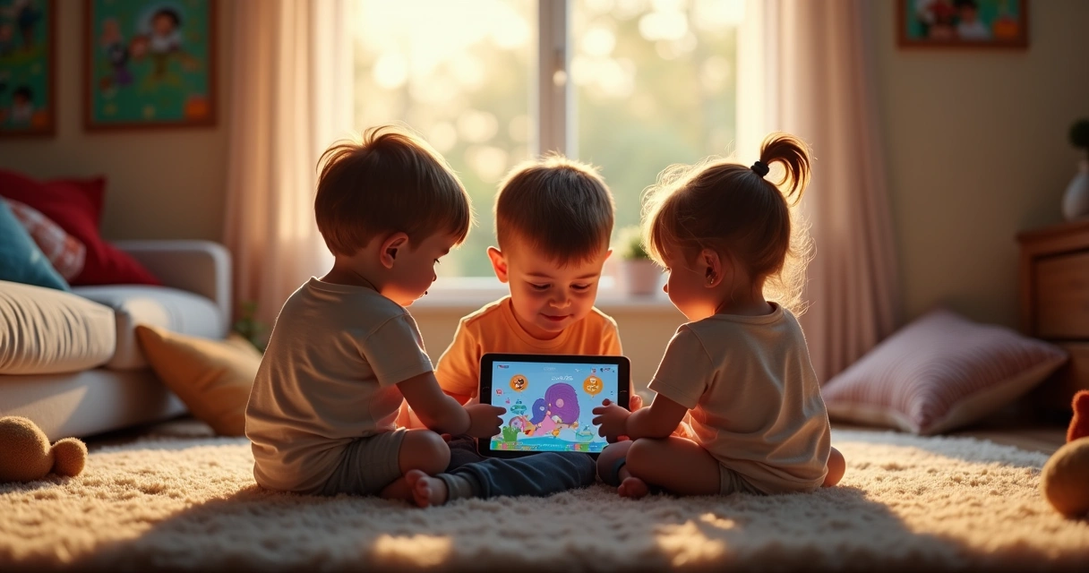 Crianças ouvindo histórias em tablet em sala aconchegante 