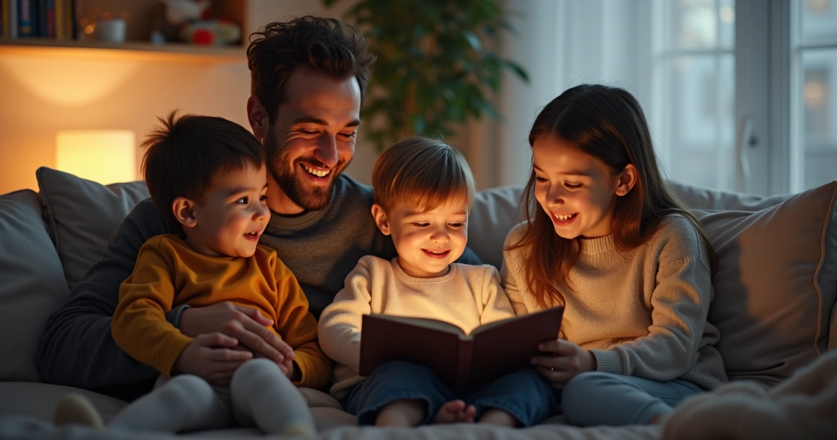 Crianças ouvem histórias com a família na sala 