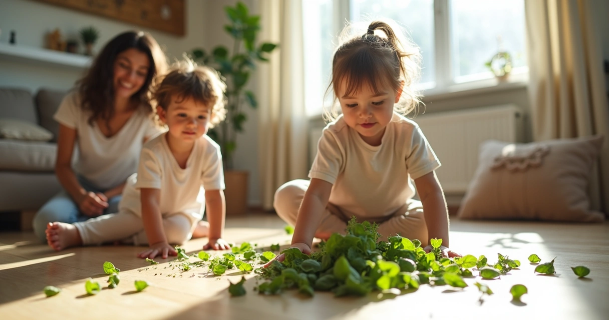 Crianças espalhando folhas de ervas no chão da sala.