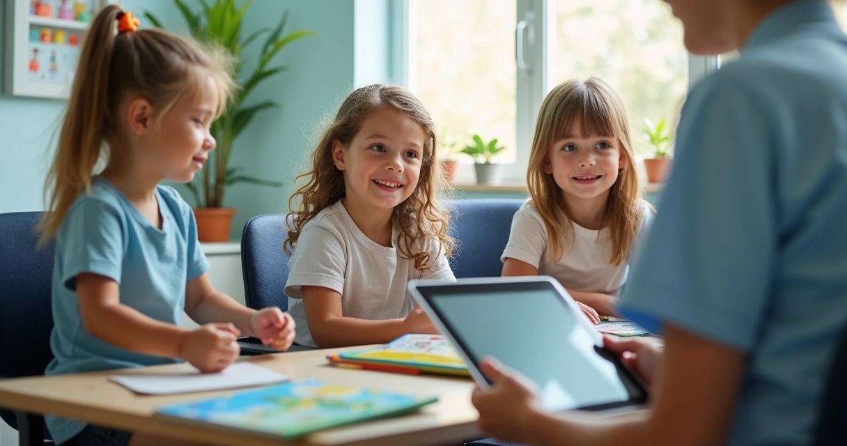 Crianças em sala de espera ouvindo histórias 
