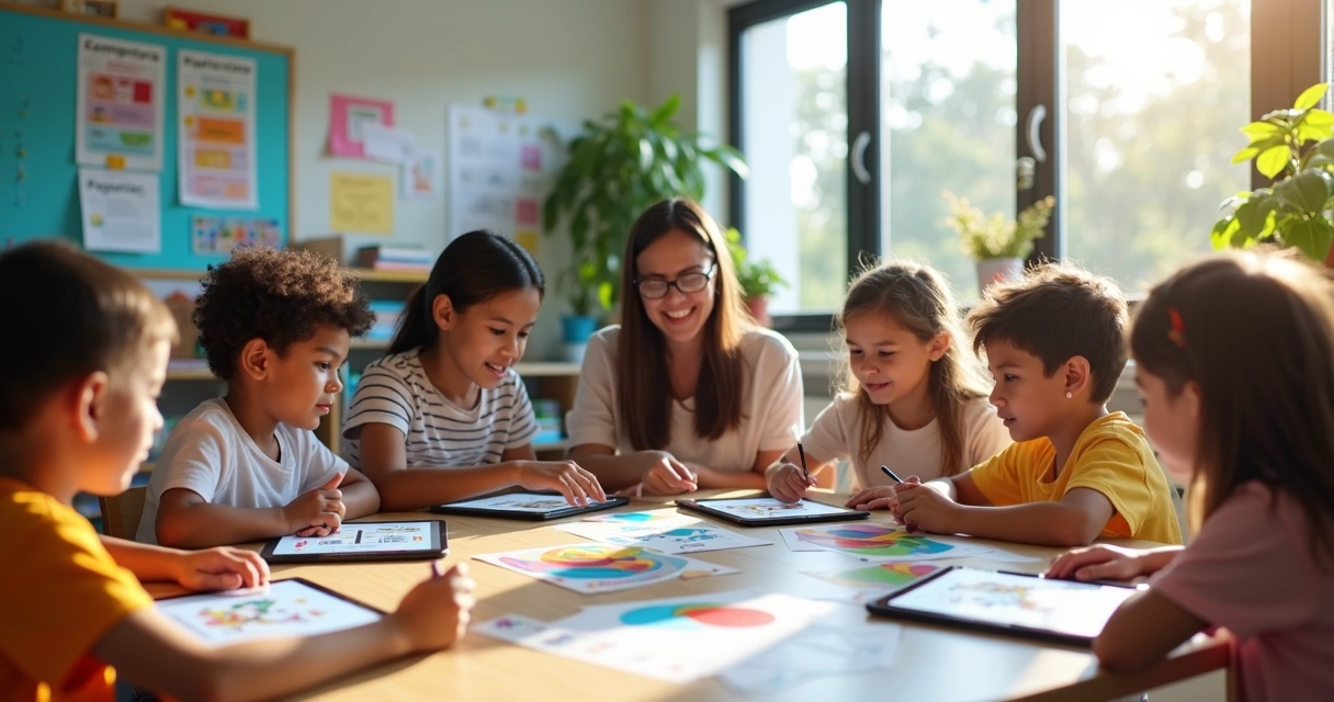 Crianças estudando juntas em sala moderna com materiais bilíngues e professores ao fundo 