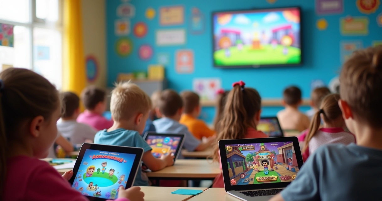 Crianças aprendendo com tablets em ambiente colorido e gamificado