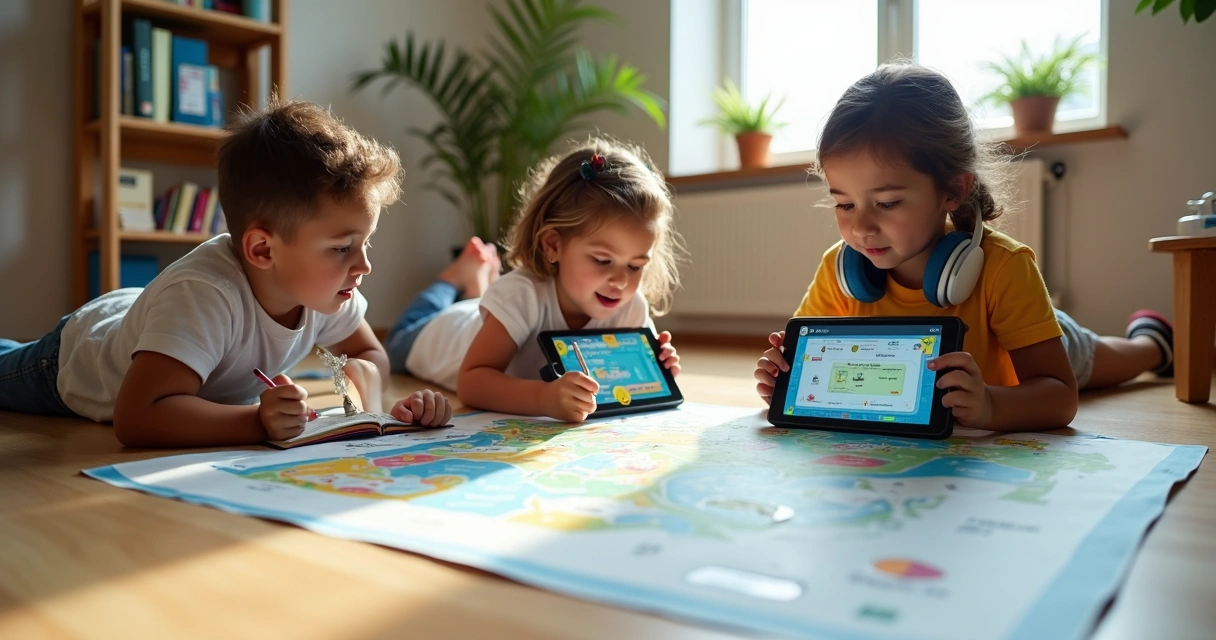 Crianças de 6 a 12 anos usando tablets sobre um grande mapa educativo iluminado 