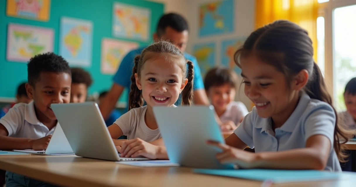 Crianças em sala de aula usando tablets conectados