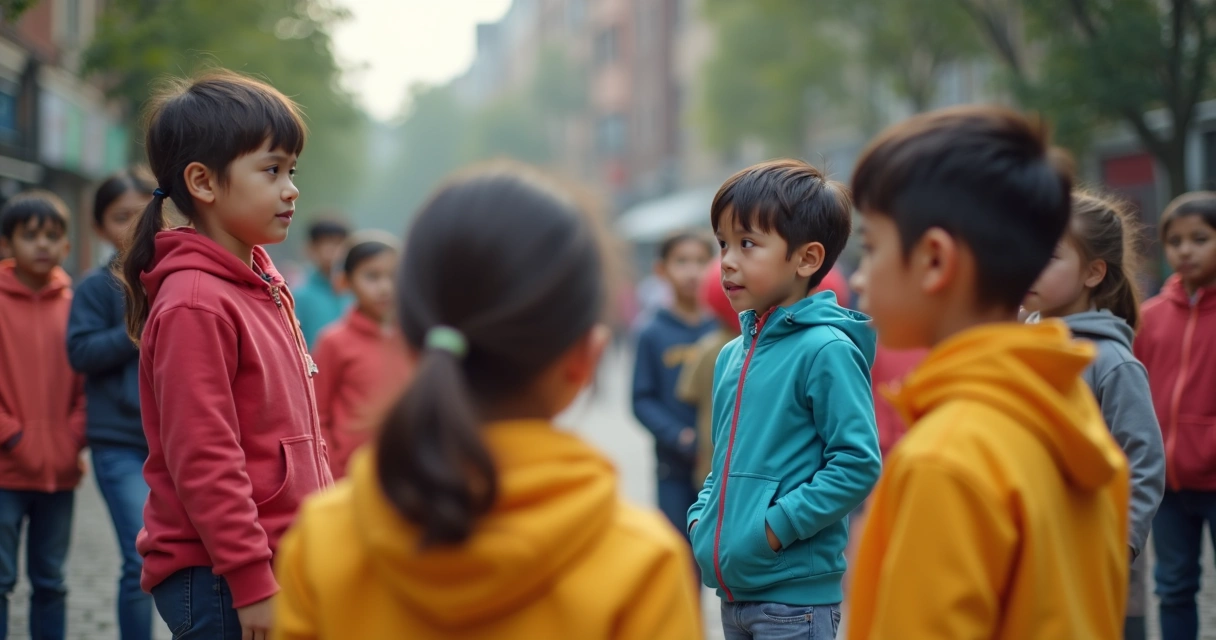 Grupo de crianças com apenas algumas envolvidas em atividade social e outras isoladas 