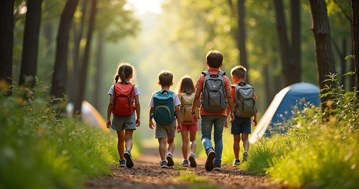Crianças explorando trilha com mochilas ao lado de árvores em acampamento 
