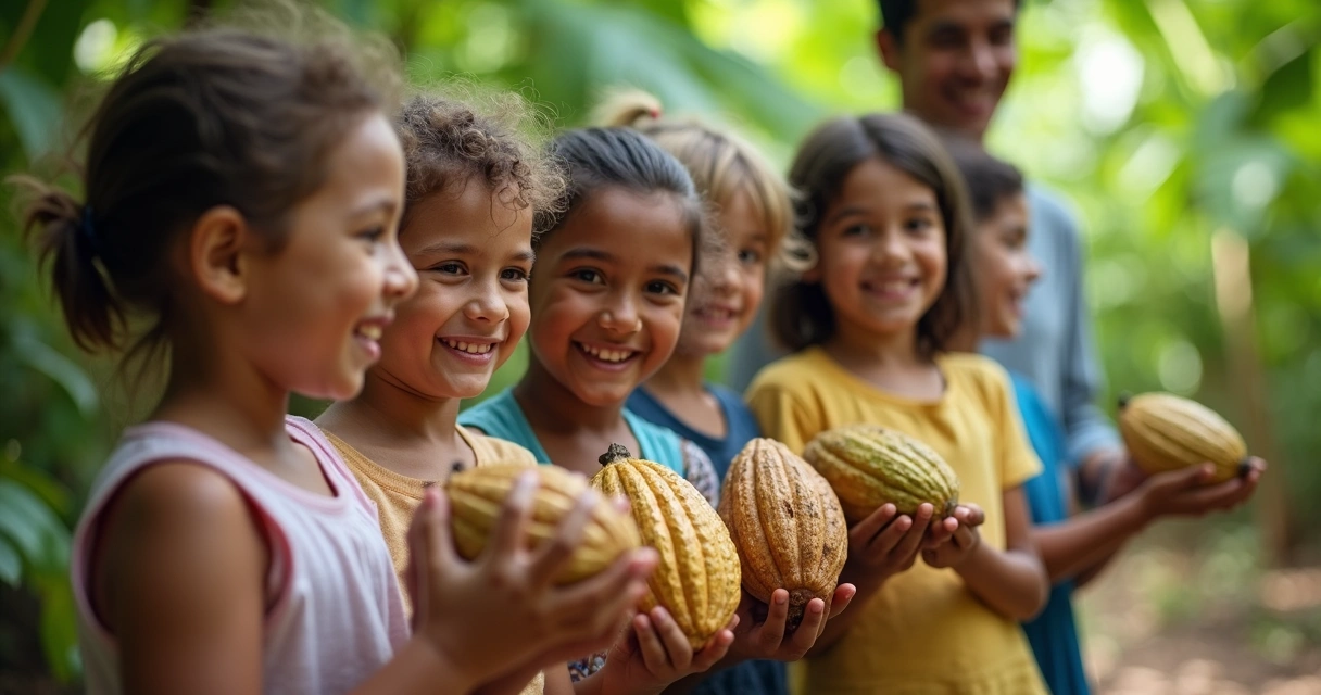 Crianças sorrindo segurando frutos de cacau em fazenda 