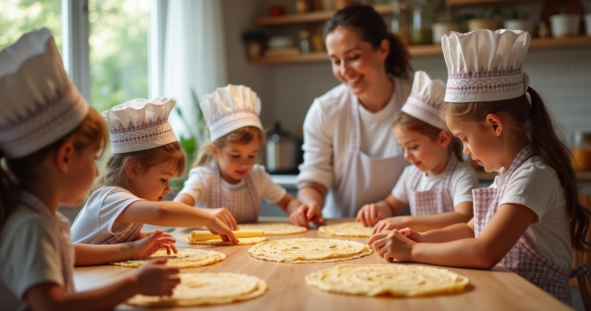 Crianças preparando crepe juntas em festa 