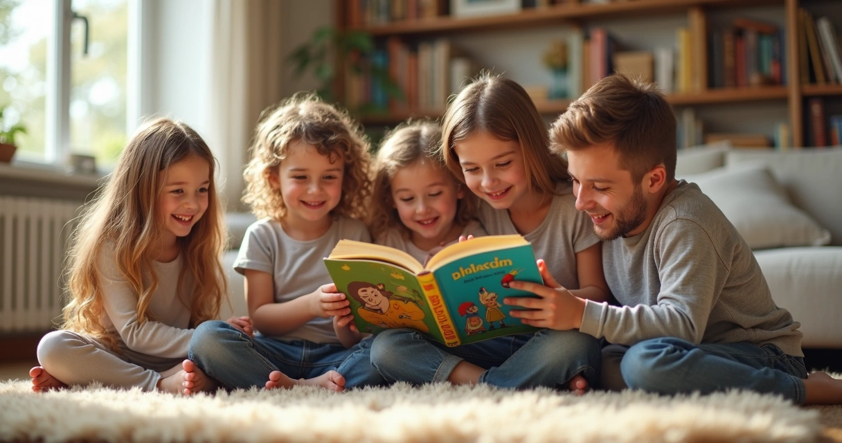 Crianças felizes sentadas no tapete lendo Bíblia em família 